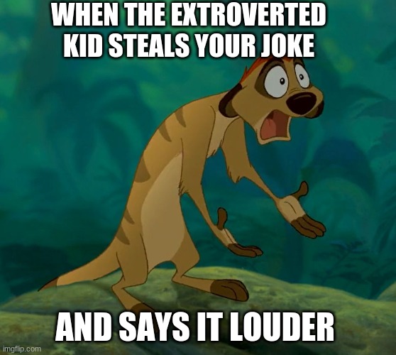 baffled timon |  WHEN THE EXTROVERTED KID STEALS YOUR JOKE; AND SAYS IT LOUDER | image tagged in baffled timon | made w/ Imgflip meme maker