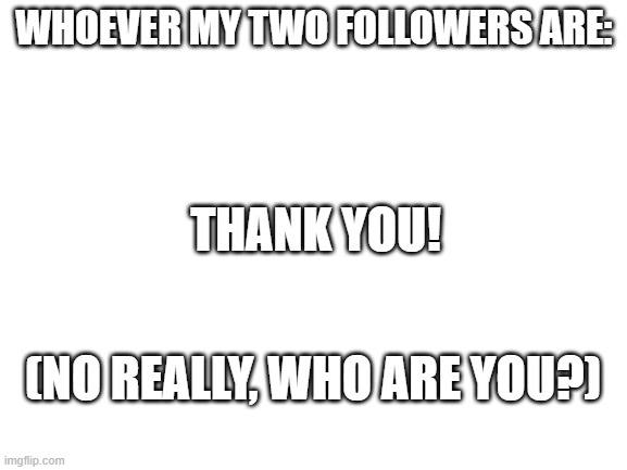 Thanks! ...whoever you may be. |  WHOEVER MY TWO FOLLOWERS ARE:; THANK YOU! (NO REALLY, WHO ARE YOU?) | image tagged in blank white template | made w/ Imgflip meme maker