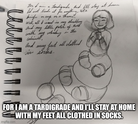 The tardigrade song by Cosmo Sheldrake | FOR I AM A TARDIGRADE AND I'LL STAY AT HOME
WITH MY FEET ALL CLOTHED IN SOCKS. | made w/ Imgflip meme maker