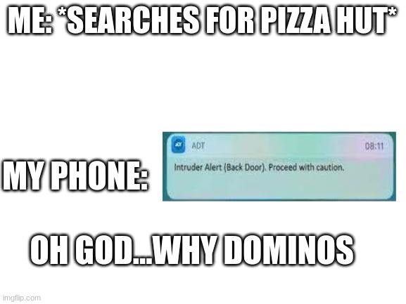 Blank White Template | ME: *SEARCHES FOR PIZZA HUT*; MY PHONE:; OH GOD...WHY DOMINOS | image tagged in blank white template | made w/ Imgflip meme maker
