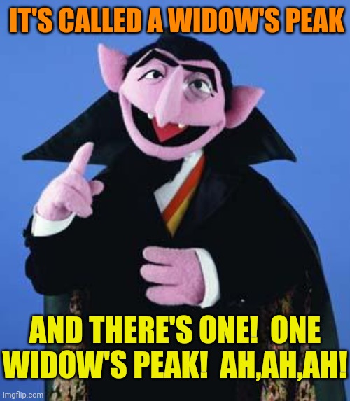 The Count | IT'S CALLED A WIDOW'S PEAK AND THERE'S ONE!  ONE WIDOW'S PEAK!  AH,AH,AH! | image tagged in the count | made w/ Imgflip meme maker