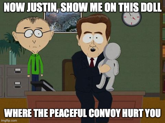 now Justin, show me on this doll |  NOW JUSTIN, SHOW ME ON THIS DOLL; WHERE THE PEACEFUL CONVOY HURT YOU | image tagged in show me on this doll | made w/ Imgflip meme maker