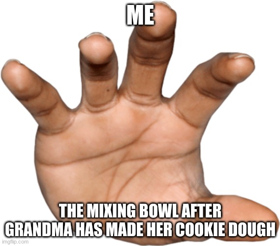 give me it NOW | ME; THE MIXING BOWL AFTER GRANDMA HAS MADE HER COOKIE DOUGH | image tagged in hand reaching out | made w/ Imgflip meme maker