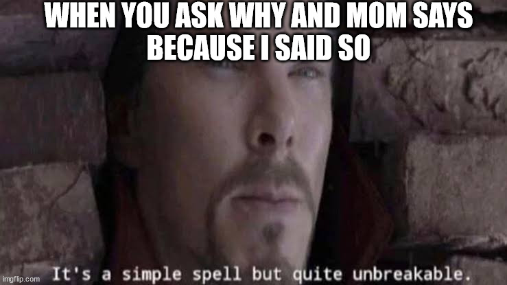 Dr Strange Infinity War Meme | WHEN YOU ASK WHY AND MOM SAYS
BECAUSE I SAID SO | image tagged in dr strange infinity war meme | made w/ Imgflip meme maker