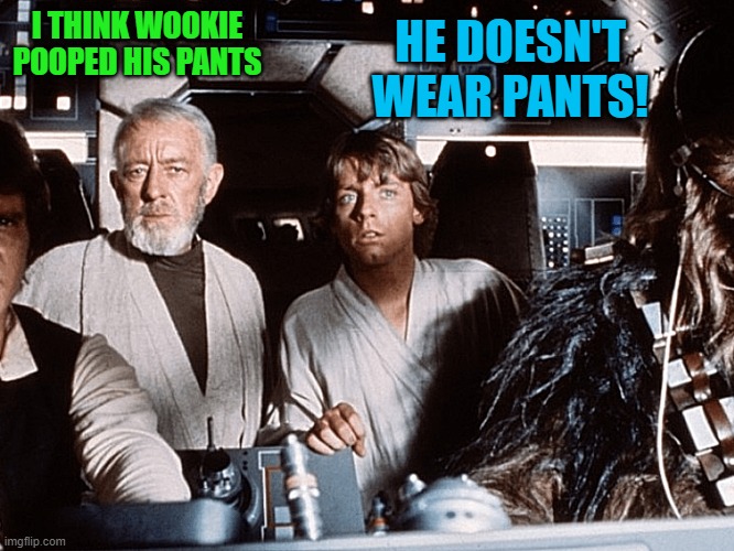 wookie gas | I THINK WOOKIE POOPED HIS PANTS; HE DOESN'T WEAR PANTS! | image tagged in wookie,gas | made w/ Imgflip meme maker