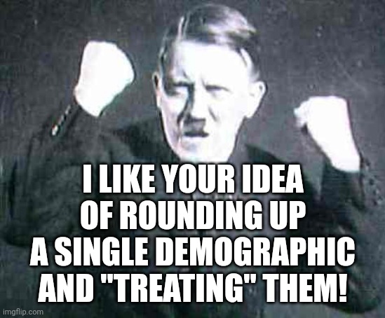 Hilter_jubel | I LIKE YOUR IDEA OF ROUNDING UP A SINGLE DEMOGRAPHIC AND "TREATING" THEM! | image tagged in hilter_jubel | made w/ Imgflip meme maker