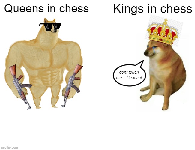 Chess Peice... King vs Queen | Queens in chess; Kings in chess; dont touch me... Peasant | image tagged in memes,buff doge vs cheems | made w/ Imgflip meme maker