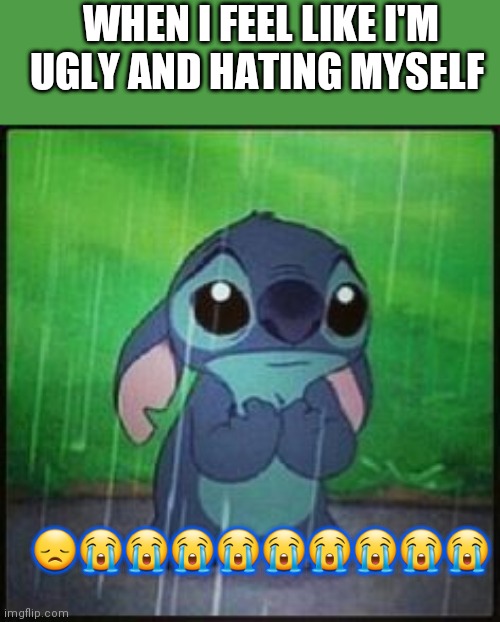 Sad stich | WHEN I FEEL LIKE I'M UGLY AND HATING MYSELF; 😞😭😭😭😭😭😭😭😭😭 | image tagged in stitch in the rain | made w/ Imgflip meme maker