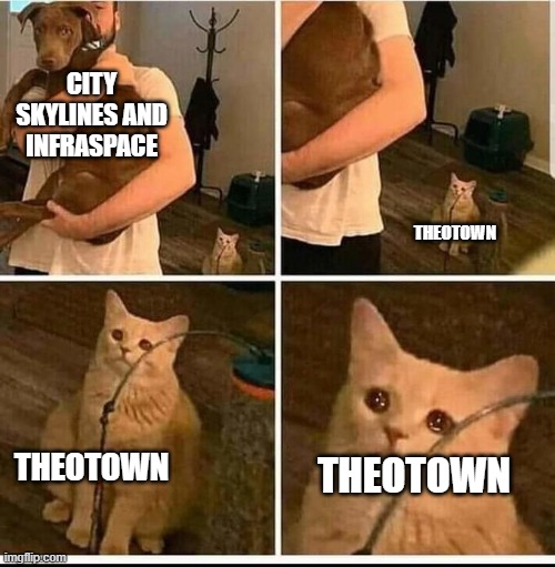 Theotown. | CITY SKYLINES AND INFRASPACE; THEOTOWN; THEOTOWN; THEOTOWN | image tagged in sad cat in background | made w/ Imgflip meme maker