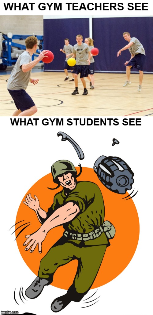Harmless Fun My @$$!!! | WHAT GYM TEACHERS SEE; WHAT GYM STUDENTS SEE | image tagged in dodgeball,gym,teachers,students,grenade,childhood | made w/ Imgflip meme maker