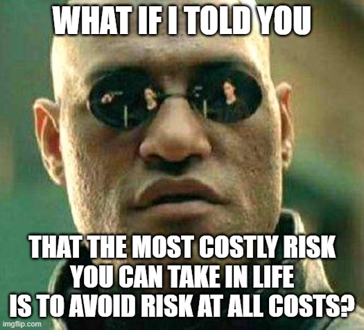 No Risk, No Reward | WHAT IF I TOLD YOU; THAT THE MOST COSTLY RISK
YOU CAN TAKE IN LIFE
IS TO AVOID RISK AT ALL COSTS? | image tagged in what if i told you,risk,risk vs reward,risk aversion,anxiety,fear | made w/ Imgflip meme maker