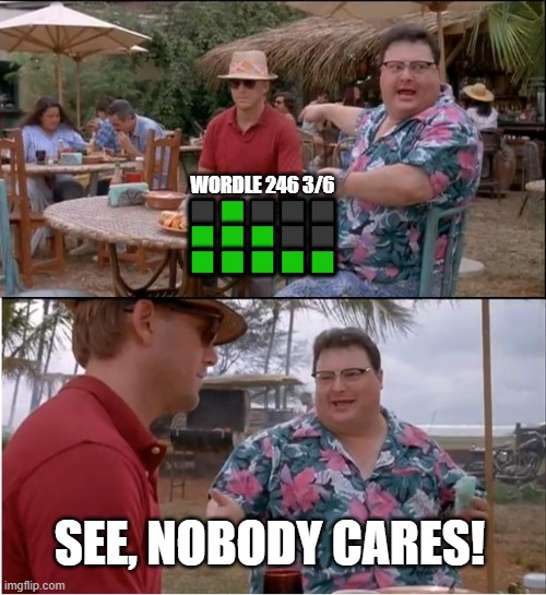 wordle nobody cares | WORDLE 246 3/6
⬛🟩⬛⬛⬛
🟩🟩🟩⬛⬛
🟩🟩🟩🟩🟩; SEE, NOBODY CARES! | image tagged in memes,see nobody cares | made w/ Imgflip meme maker