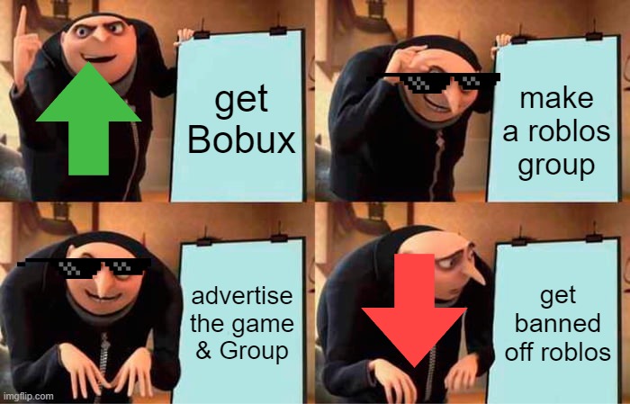 gru sus | get Bobux; make a roblos group; advertise the game & Group; get banned off roblos | image tagged in memes,gru's plan | made w/ Imgflip meme maker