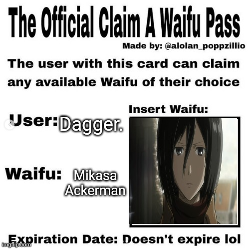 Just renewing my waifu pass | Dagger. Mikasa Ackerman | image tagged in mikasa | made w/ Imgflip meme maker