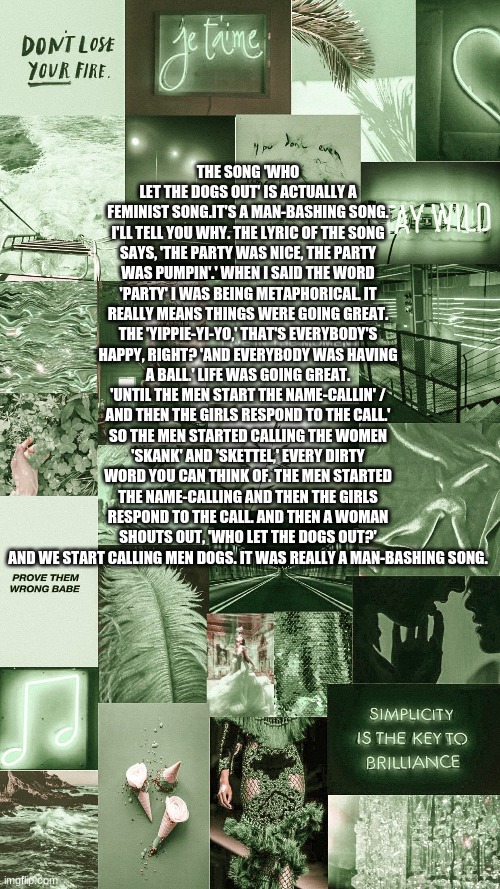 who let the dogs out - the truth | THE SONG 'WHO LET THE DOGS OUT' IS ACTUALLY A FEMINIST SONG.IT'S A MAN-BASHING SONG. I'LL TELL YOU WHY. THE LYRIC OF THE SONG SAYS, 'THE PARTY WAS NICE, THE PARTY WAS PUMPIN'.' WHEN I SAID THE WORD 'PARTY' I WAS BEING METAPHORICAL. IT REALLY MEANS THINGS WERE GOING GREAT. THE 'YIPPIE-YI-YO,' THAT'S EVERYBODY'S HAPPY, RIGHT? 'AND EVERYBODY WAS HAVING A BALL.' LIFE WAS GOING GREAT. 'UNTIL THE MEN START THE NAME-CALLIN' / AND THEN THE GIRLS RESPOND TO THE CALL.' SO THE MEN STARTED CALLING THE WOMEN 'SKANK' AND 'SKETTEL,' EVERY DIRTY WORD YOU CAN THINK OF. THE MEN STARTED THE NAME-CALLING AND THEN THE GIRLS RESPOND TO THE CALL. AND THEN A WOMAN SHOUTS OUT, 'WHO LET THE DOGS OUT?' AND WE START CALLING MEN DOGS. IT WAS REALLY A MAN-BASHING SONG. | image tagged in truth | made w/ Imgflip meme maker