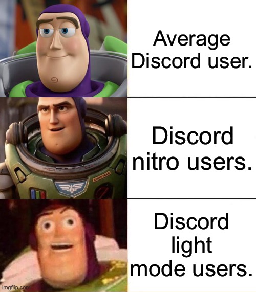 Types of Discord users | Average Discord user. Discord nitro users. Discord light mode users. | image tagged in better best blurst lightyear edition,discord,memes | made w/ Imgflip meme maker