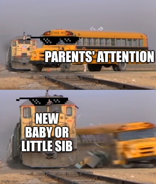 Truths about lil' sibs and babies. | PARENTS' ATTENTION; NEW BABY OR LITTLE SIB | image tagged in a train hitting a school bus | made w/ Imgflip meme maker