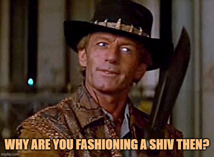 Crocodile Dundee Knife | WHY ARE YOU FASHIONING A SHIV THEN? | image tagged in crocodile dundee knife | made w/ Imgflip meme maker