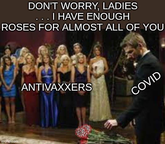 You know it's coming | DON'T WORRY, LADIES . . . I HAVE ENOUGH ROSES FOR ALMOST ALL OF YOU; ANTIVAXXERS; COVID | image tagged in antivax,covidiots,covid-19 | made w/ Imgflip meme maker