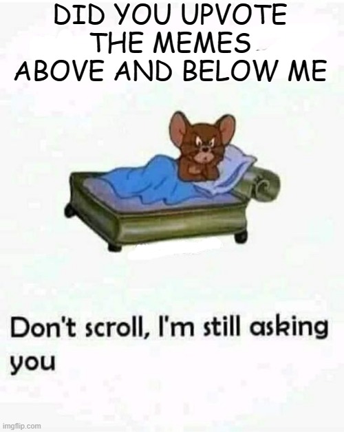 :/ | DID YOU UPVOTE THE MEMES ABOVE AND BELOW ME | image tagged in memes,funny,msmg | made w/ Imgflip meme maker