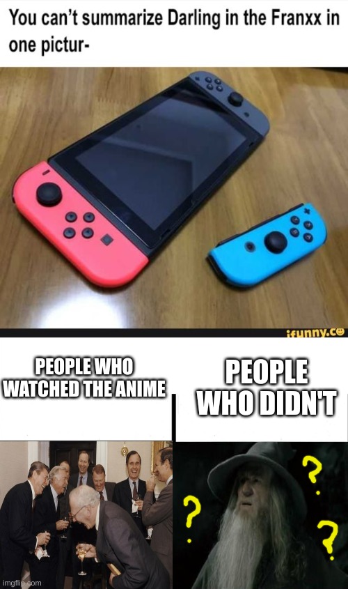 BAHAHAHHAHAH | PEOPLE WHO DIDN'T; PEOPLE WHO WATCHED THE ANIME | image tagged in teacher's copy,ditf,confused gandalf,laughing men in suits,darling in the franxx,anime | made w/ Imgflip meme maker