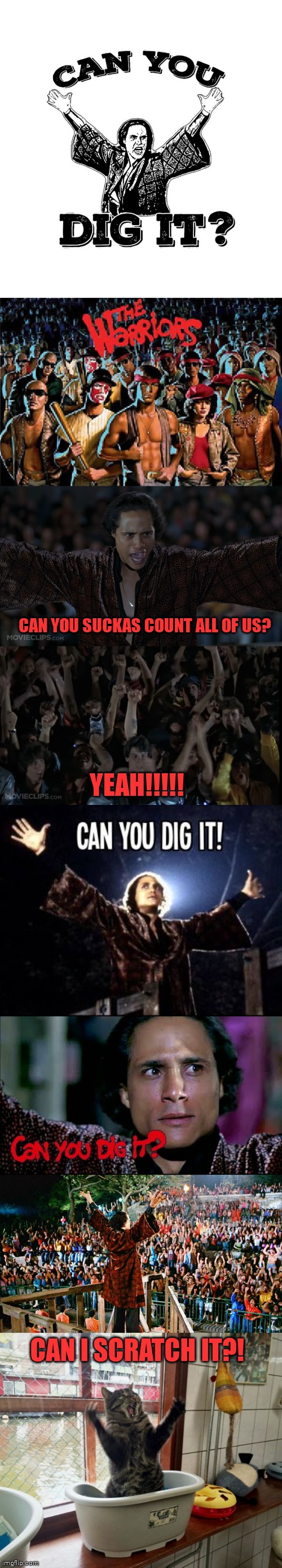 The Warriors | CAN YOU SUCKAS COUNT ALL OF US? YEAH!!!!! CAN I SCRATCH IT?! | image tagged in the warriors | made w/ Imgflip meme maker