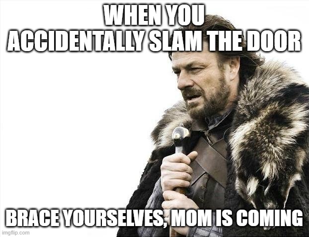 Brace Yourselves X is Coming | WHEN YOU ACCIDENTALLY SLAM THE DOOR; BRACE YOURSELVES, MOM IS COMING | image tagged in memes,brace yourselves x is coming,mom,your mom | made w/ Imgflip meme maker