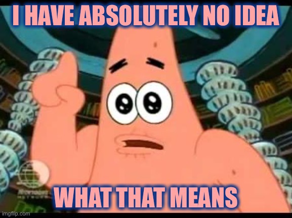 Patrick Says Meme | I HAVE ABSOLUTELY NO IDEA WHAT THAT MEANS | image tagged in memes,patrick says | made w/ Imgflip meme maker