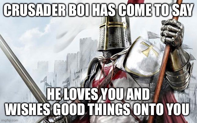 crusader boi is here | CRUSADER BOI HAS COME TO SAY; HE LOVES YOU AND WISHES GOOD THINGS ONTO YOU | image tagged in badass crusader,wholesome | made w/ Imgflip meme maker