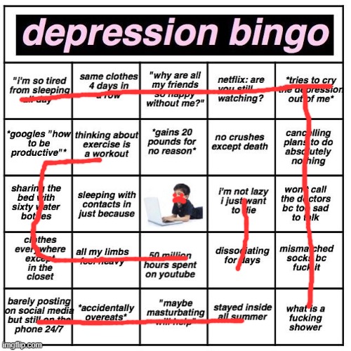 Depression bingo | image tagged in depression bingo | made w/ Imgflip meme maker