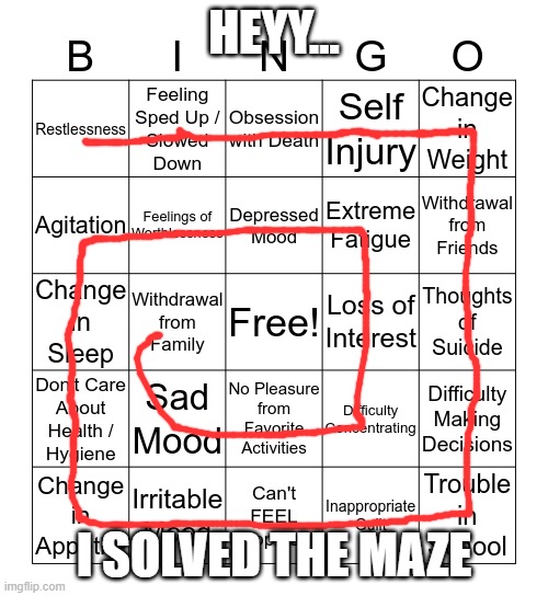 depression bingo 1 | HEYY... I SOLVED THE MAZE | image tagged in depression bingo 1 | made w/ Imgflip meme maker