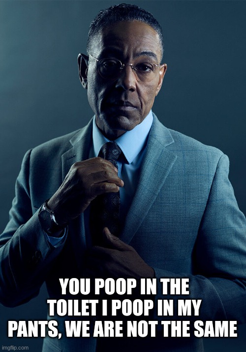 Gus Fring we are not the same | YOU POOP IN THE TOILET I POOP IN MY PANTS, WE ARE NOT THE SAME | image tagged in gus fring we are not the same | made w/ Imgflip meme maker