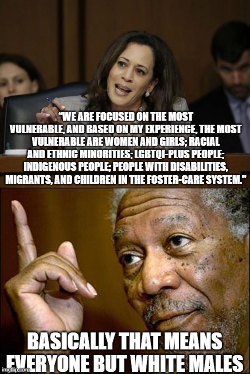 “WE ARE FOCUSED ON THE MOST VULNERABLE, AND BASED ON MY EXPERIENCE, THE MOST VULNERABLE ARE WOMEN AND GIRLS; RACIAL AND ETHNIC MINORITIES; LGBTQI-PLUS PEOPLE; INDIGENOUS PEOPLE; PEOPLE WITH DISABILITIES, MIGRANTS, AND CHILDREN IN THE FOSTER-CARE SYSTEM."; BASICALLY THAT MEANS EVERYONE BUT WHITE MALES | image tagged in kamala harris,this morgan freeman | made w/ Imgflip meme maker