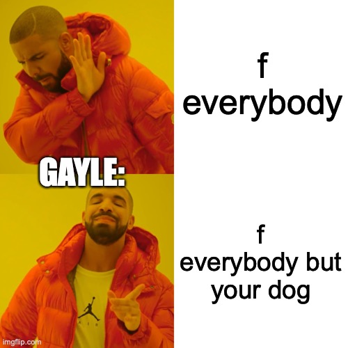 wow another song lyric meme | f everybody; GAYLE:; f everybody but your dog | image tagged in memes,drake hotline bling,abcdefu | made w/ Imgflip meme maker