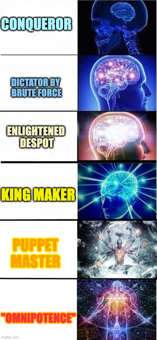 Evolution of Scar-ness | CONQUEROR; DICTATOR BY 
BRUTE FORCE; ENLIGHTENED 
DESPOT; KING MAKER; PUPPET MASTER; "OMNIPOTENCE" | image tagged in brain exploding | made w/ Imgflip meme maker