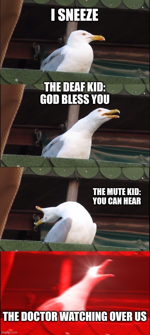 Inhaling Seagull | I SNEEZE; THE DEAF KID:
GOD BLESS YOU; THE MUTE KID:
YOU CAN HEAR; THE DOCTOR WATCHING OVER US | image tagged in memes,inhaling seagull | made w/ Imgflip meme maker