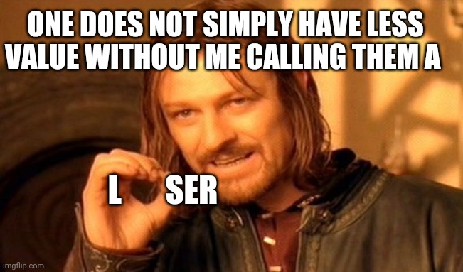 One Does Not Simply Meme | ONE DOES NOT SIMPLY HAVE LESS VALUE WITHOUT ME CALLING THEM A L       SER | image tagged in memes,one does not simply | made w/ Imgflip meme maker