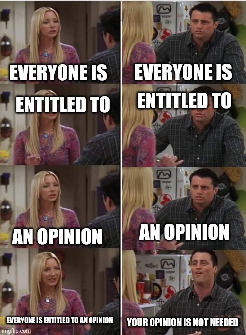 Twitter in a nutshell | EVERYONE IS; EVERYONE IS; ENTITLED TO; ENTITLED TO; AN OPINION; AN OPINION; EVERYONE IS ENTITLED TO AN OPINION; YOUR OPINION IS NOT NEEDED | image tagged in phoebe joey,twitter | made w/ Imgflip meme maker
