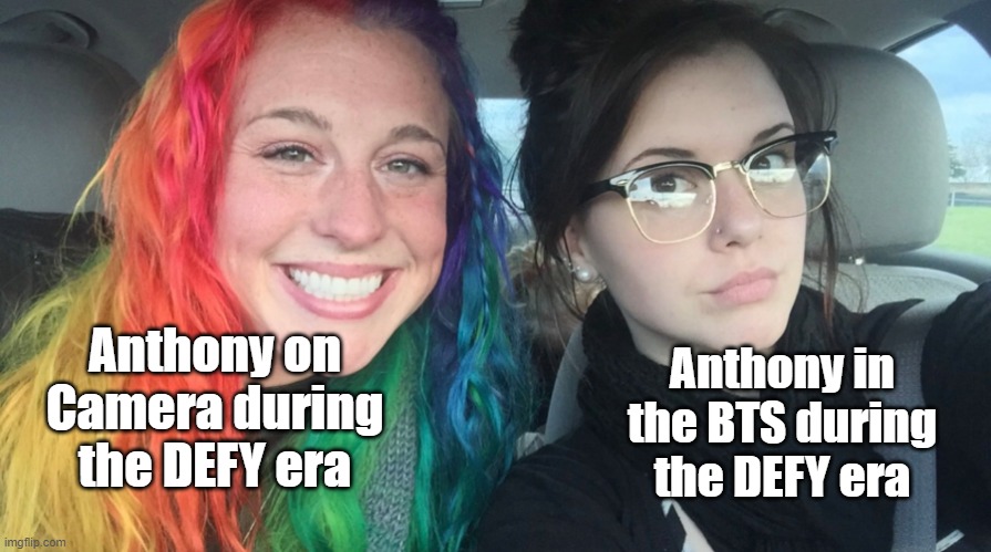 Where's Anthony | Anthony on Camera during the DEFY era; Anthony in the BTS during the DEFY era | image tagged in rainbow girl and goth girl,smosh | made w/ Imgflip meme maker