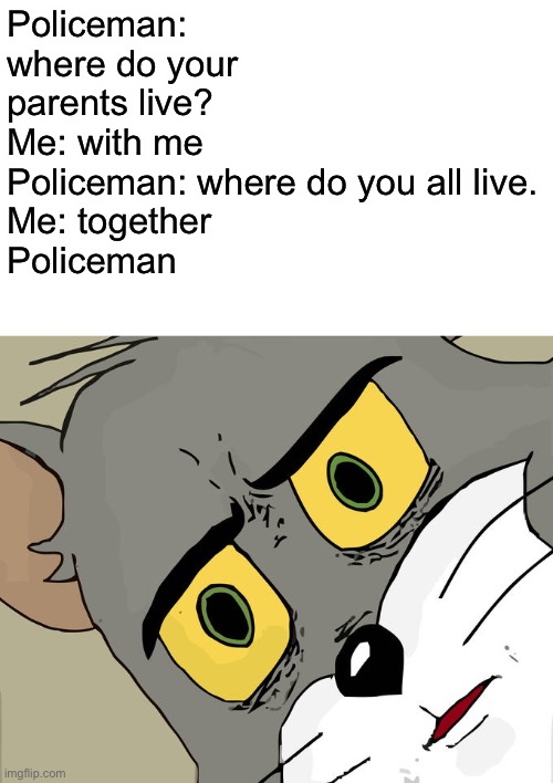 I would give up trying if I were the policeman | Policeman: where do your parents live?
Me: with me 
Policeman: where do you all live.
Me: together 
Policeman | image tagged in memes,unsettled tom | made w/ Imgflip meme maker