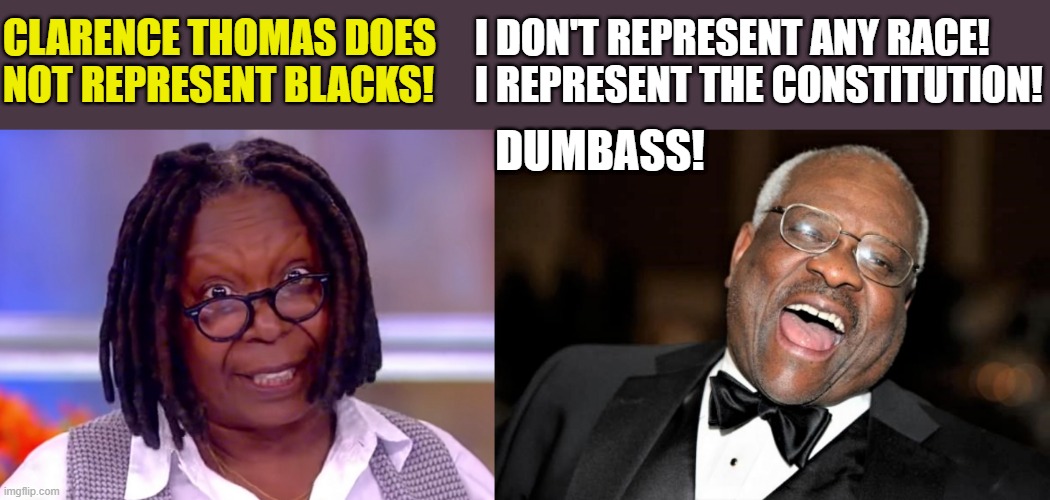 Whoopi and Clarence Thomas | CLARENCE THOMAS DOES
NOT REPRESENT BLACKS! I DON'T REPRESENT ANY RACE!
I REPRESENT THE CONSTITUTION! DUMBASS! | image tagged in political humor,scotus,whoopi goldberg,clarence thomas,constitution,race | made w/ Imgflip meme maker