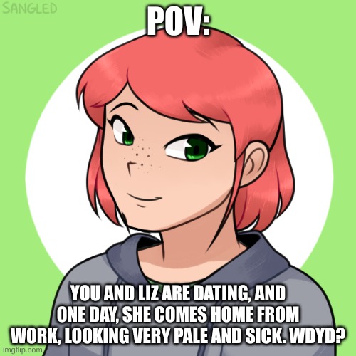 enjoy this roleplay, and be nice to her. | POV:; YOU AND LIZ ARE DATING, AND ONE DAY, SHE COMES HOME FROM WORK, LOOKING VERY PALE AND SICK. WDYD? | made w/ Imgflip meme maker