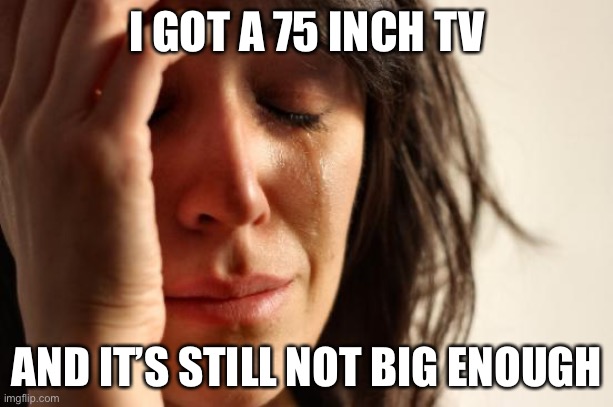 I Didn’t Have a Color TV Until 1988 and it was only 19 Inches | I GOT A 75 INCH TV; AND IT’S STILL NOT BIG ENOUGH | image tagged in memes,first world problems,true story bro,new normal | made w/ Imgflip meme maker