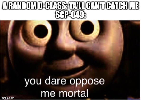E | A RANDOM D-CLASS: YA'LL CAN'T CATCH ME
SCP-049: | image tagged in you dare oppose me mortal,scp foundation,memes | made w/ Imgflip meme maker