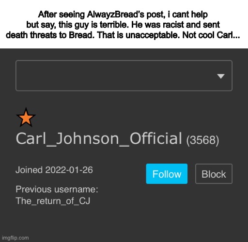 This is serious. He is horrible |  After seeing AlwayzBread’s post, i cant help but say, this guy is terrible. He was racist and sent death threats to Bread. That is unacceptable. Not cool Carl... | made w/ Imgflip meme maker