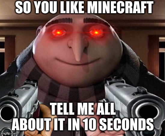 Ahh so you like Minecraft? | SO YOU LIKE MINECRAFT; TELL ME ALL ABOUT IT IN 10 SECONDS | image tagged in memes,gru gun | made w/ Imgflip meme maker