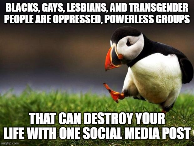 Unpopular Opinion Puffin | BLACKS, GAYS, LESBIANS, AND TRANSGENDER PEOPLE ARE OPPRESSED, POWERLESS GROUPS; THAT CAN DESTROY YOUR LIFE WITH ONE SOCIAL MEDIA POST | image tagged in memes,unpopular opinion puffin | made w/ Imgflip meme maker