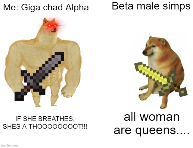 Buff Doge vs. Cheems Meme | Beta male simps; Me: Giga chad Alpha; IF SHE BREATHES, SHES A THOOOOOOOOT!!! all woman are queens.... | image tagged in memes,buff doge vs cheems | made w/ Imgflip meme maker