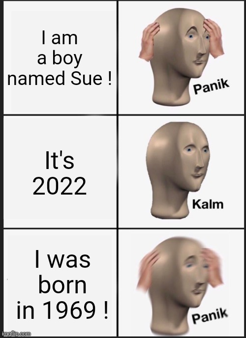 Panik Kalm Panik Meme | I am a boy named Sue ! It's 2022 I was born in 1969 ! | image tagged in memes,panik kalm panik | made w/ Imgflip meme maker