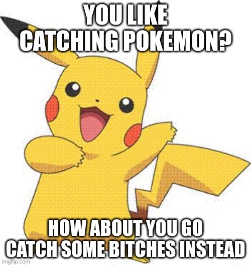 Just do it. | YOU LIKE CATCHING POKEMON? HOW ABOUT YOU GO CATCH SOME BITCHES INSTEAD | image tagged in pokemon | made w/ Imgflip meme maker